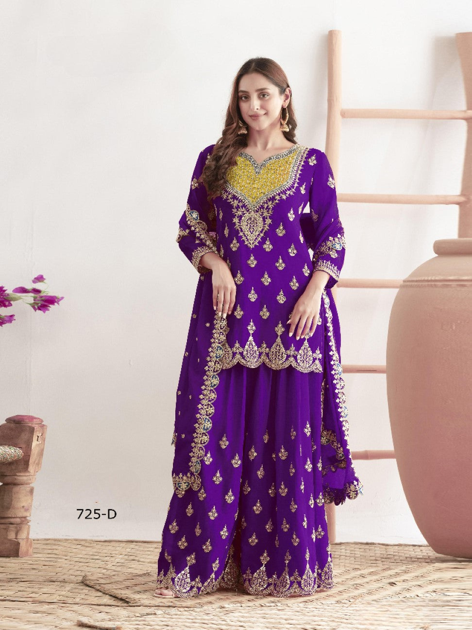 Anaita Violet Chinon Suit With Embroidered Sequins & Mirror Work | Grocsy