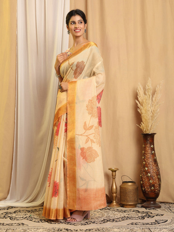 Shivam Fabrics Beige Chanderi Fabric Printed Saree | Grocsy
