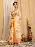 Shivam Fabrics Beige Chanderi Fabric Printed Saree | Grocsy