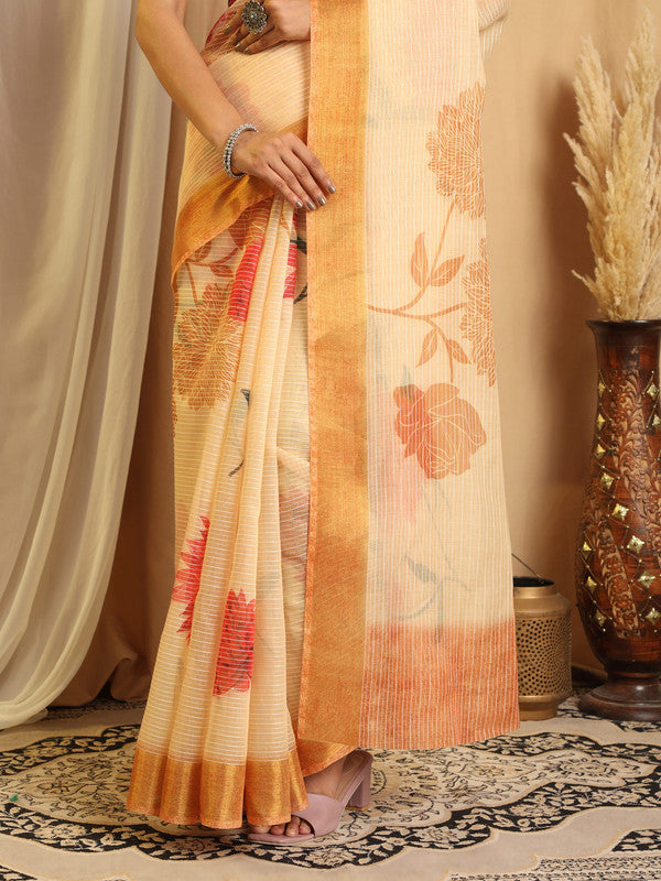 Shivam Fabrics Beige Chanderi Fabric Printed Saree | Grocsy