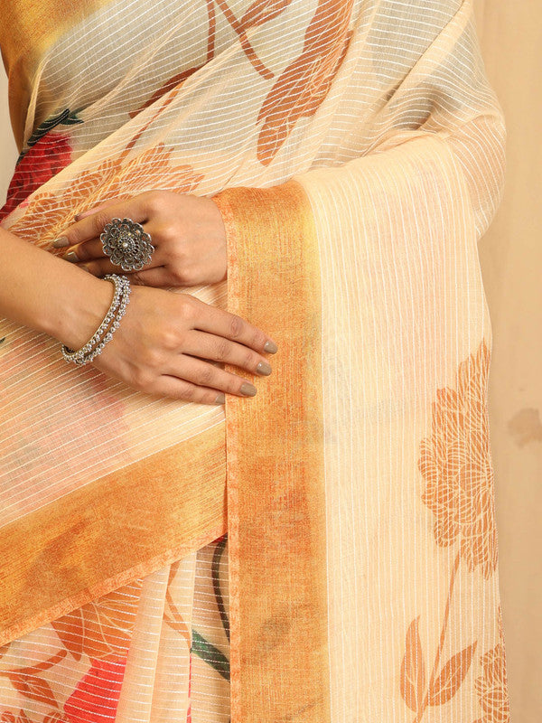 Shivam Fabrics Beige Chanderi Fabric Printed Saree | Grocsy