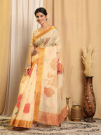 Shivam Fabrics Beige Chanderi Fabric Printed Saree | Grocsy