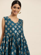 Sangria Women Teal Blue & Golden Ethnic Motifs Printed A-Line Kurta | Grocsy