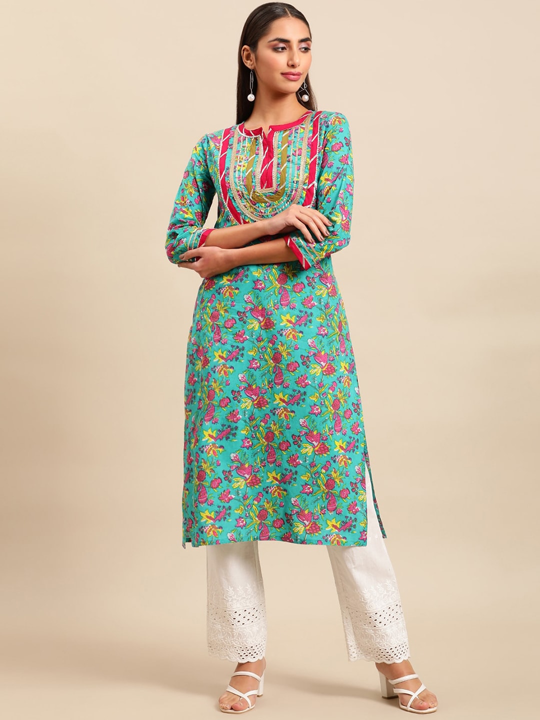 Sangria Women Floral Printed Gotta Patti Floral Kurta | Grocsy