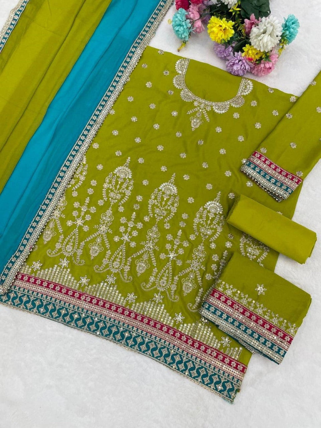 Anaita Green Chinon Suit With Embroidered Sequins & Mirror Work | Grocsy