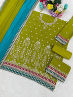 Anaita Green Chinon Suit With Embroidered Sequins & Mirror Work | Grocsy