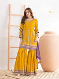 Anaita Yellow Chinon Suit With Embroidered Sequins & Mirror Work | Grocsy