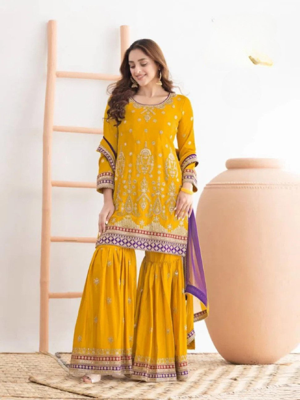 Anaita Yellow Chinon Suit With Embroidered Sequins & Mirror Work | Grocsy