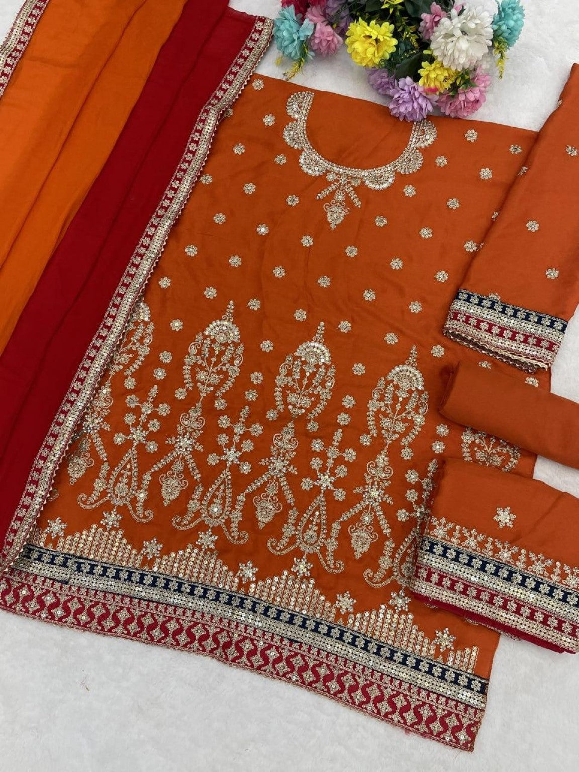 Anaita Orange Chinon Suit With Embroidered Sequins & Mirror Work | Grocsy