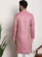 Sojanya Woven Design Mandarin Collar Silk Cotton Kurta | Grocsy