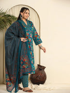 Yufta Navy Blue Pure Cotton Sequins_Work Kurta Dupatta Pant Set With Handwork | Grocsy