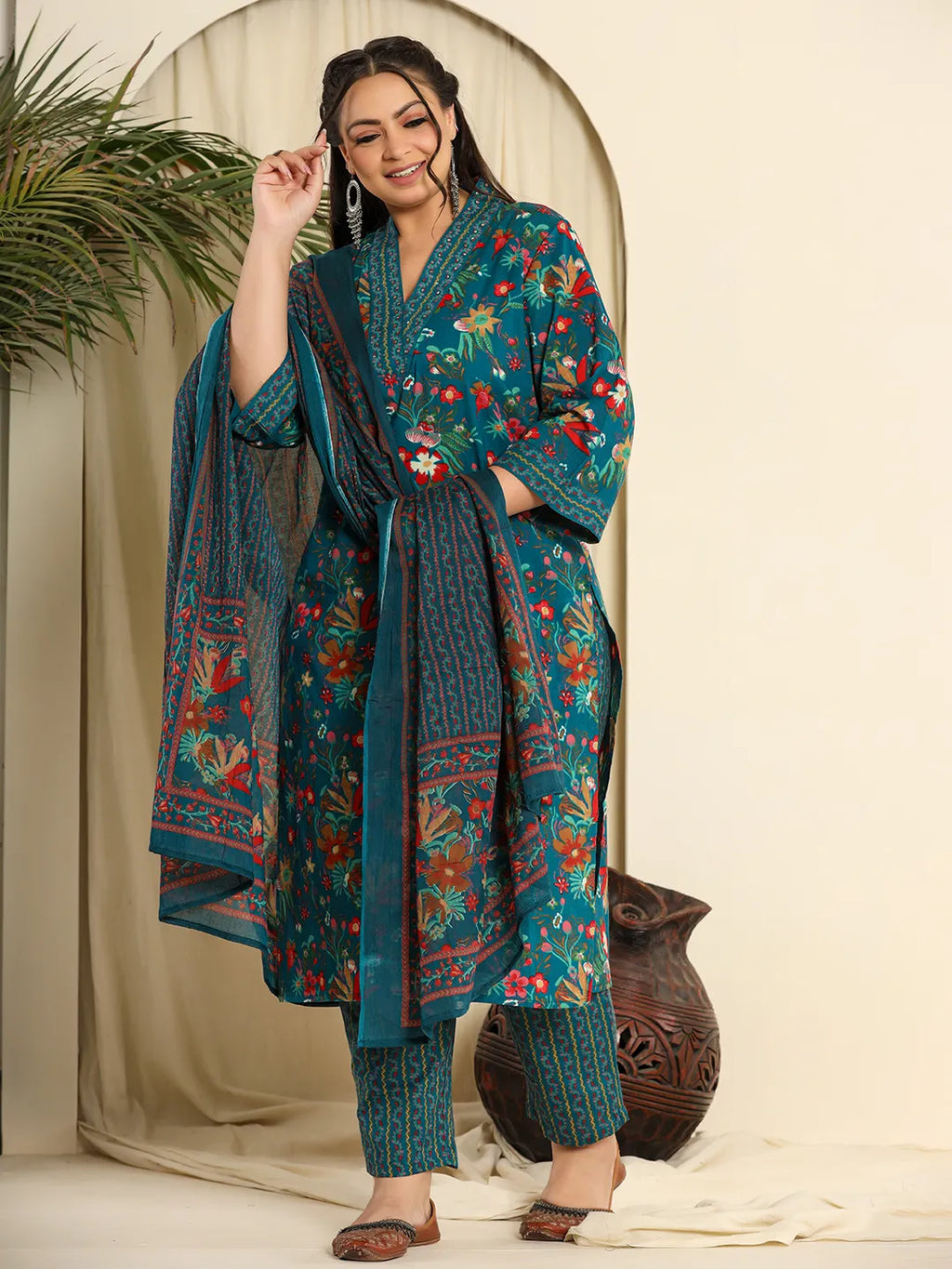 Yufta Navy Blue Pure Cotton Sequins_Work Kurta Dupatta Pant Set With Handwork | Grocsy