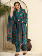 Yufta Navy Blue Pure Cotton Sequins_Work Kurta Dupatta Pant Set With Handwork | Grocsy