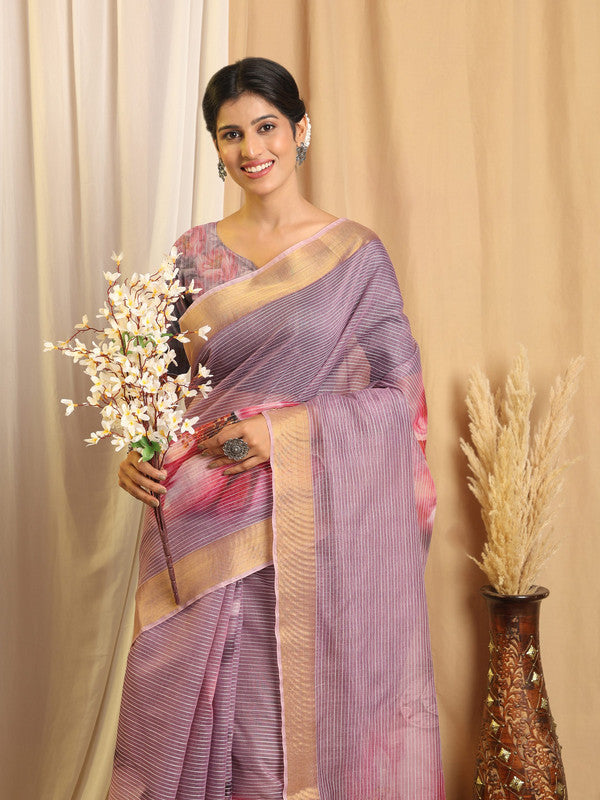 Shivam Fabrics Purple Chanderi Fabric Printed Saree | Grocsy