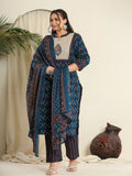 Yufta Navy Blue Pure Cotton Kantha Work Kurta Dupatta Pant Set With Handblock Yoke | Grocsy