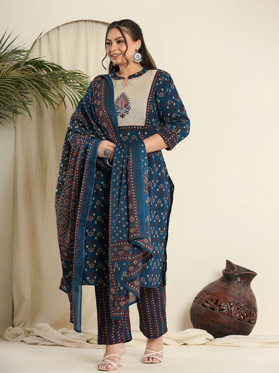 Yufta Navy Blue Pure Cotton Kantha Work Kurta Dupatta Pant Set With Handblock Yoke | Grocsy
