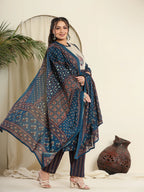 Yufta Navy Blue Pure Cotton Kantha Work Kurta Dupatta Pant Set With Handblock Yoke | Grocsy