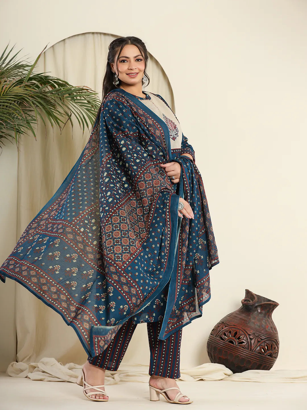 Yufta Navy Blue Pure Cotton Kantha Work Kurta Dupatta Pant Set With Handblock Yoke | Grocsy