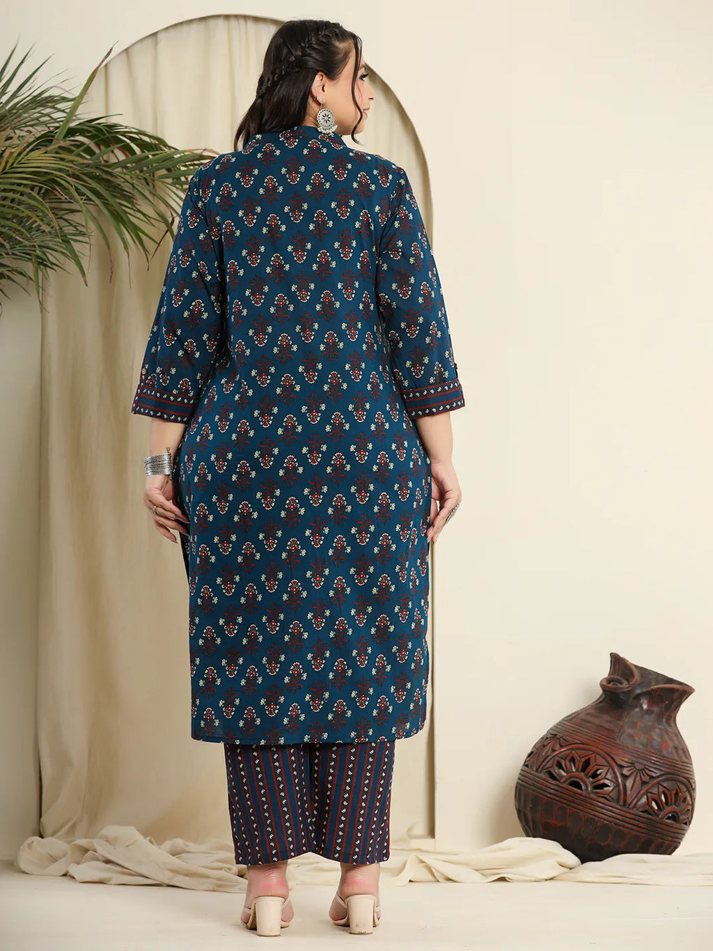 Yufta Navy Blue Pure Cotton Kantha Work Kurta Dupatta Pant Set With Handblock Yoke | Grocsy