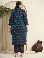 Yufta Navy Blue Pure Cotton Kantha Work Kurta Dupatta Pant Set With Handblock Yoke | Grocsy