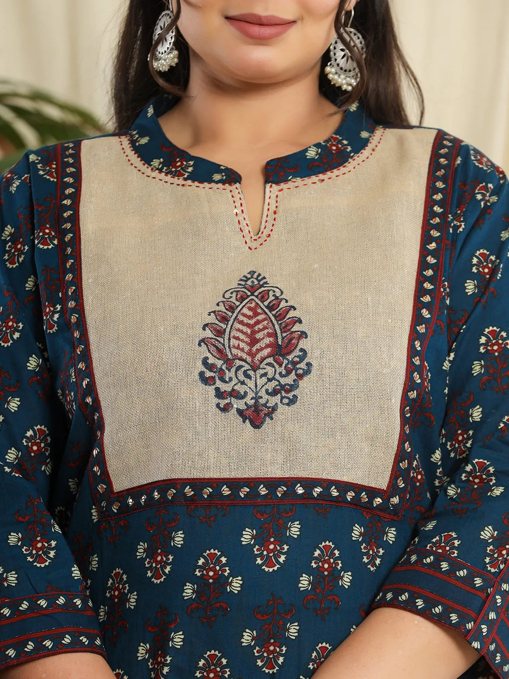 Yufta Navy Blue Pure Cotton Kantha Work Kurta Dupatta Pant Set With Handblock Yoke | Grocsy