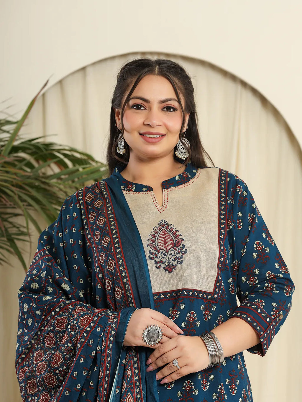 Yufta Navy Blue Pure Cotton Kantha Work Kurta Dupatta Pant Set With Handblock Yoke | Grocsy