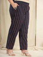 Yufta Navy Blue Pure Cotton Kantha Work Kurta Dupatta Pant Set With Handblock Yoke | Grocsy