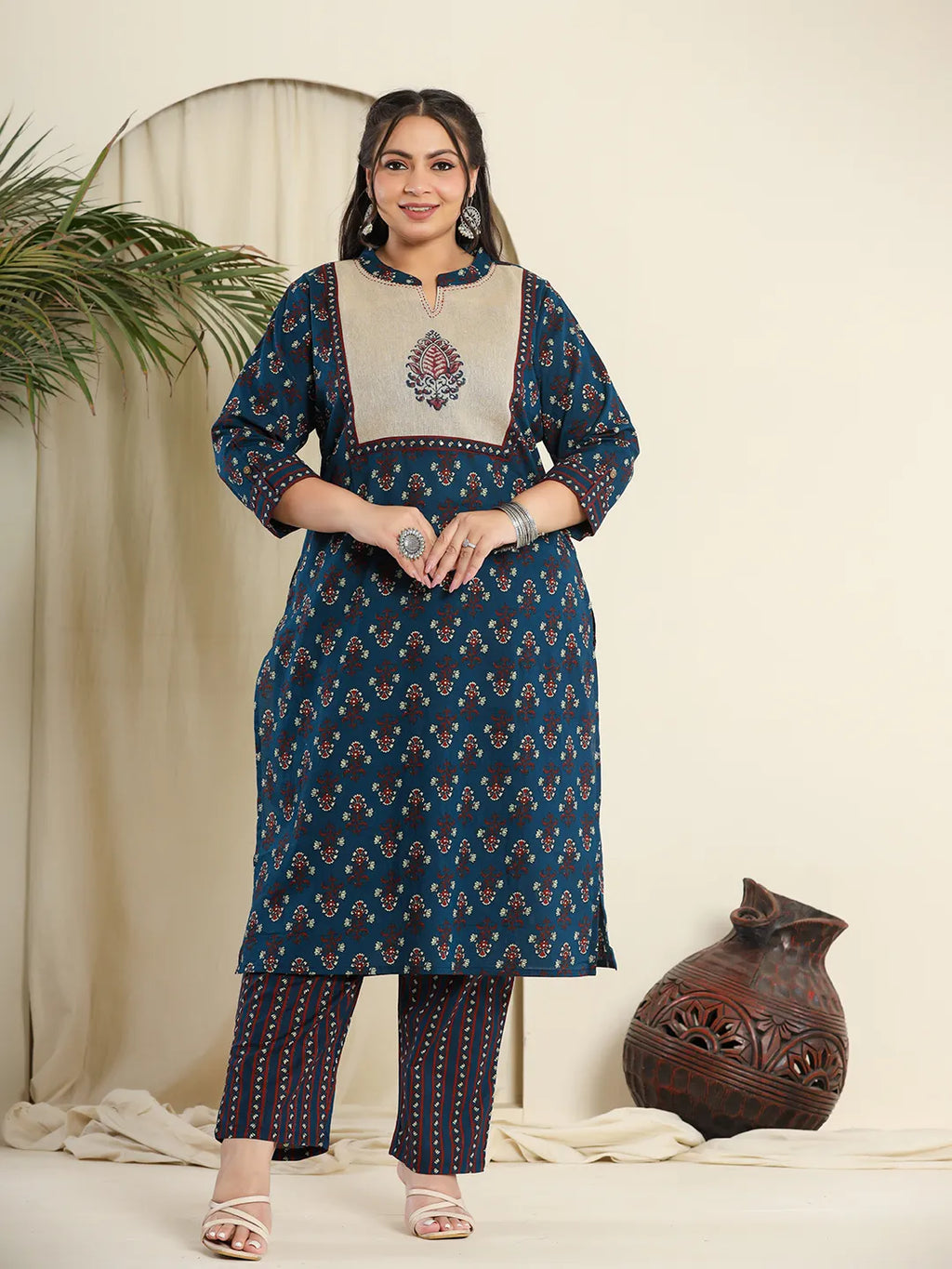 Yufta Navy Blue Pure Cotton Kantha Work Kurta Dupatta Pant Set With Handblock Yoke | Grocsy