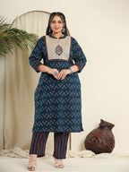 Yufta Navy Blue Pure Cotton Kantha Work Kurta Dupatta Pant Set With Handblock Yoke | Grocsy