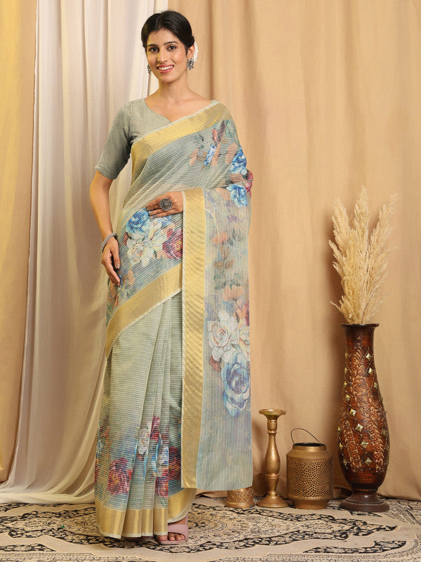 Shivam Fabrics Sea Green Chanderi Fabric Printed Saree | Grocsy