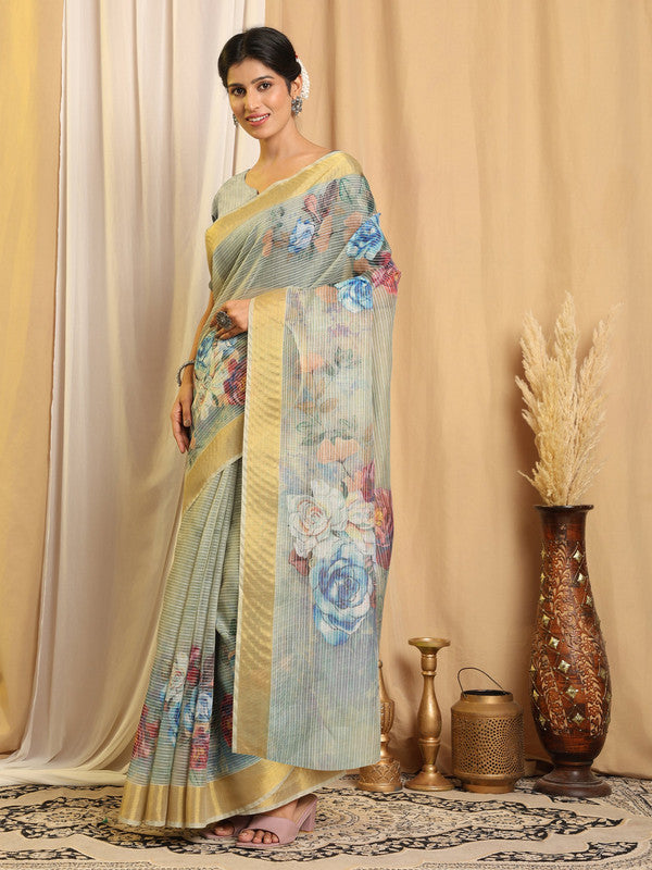 Shivam Fabrics Sea Green Chanderi Fabric Printed Saree | Grocsy