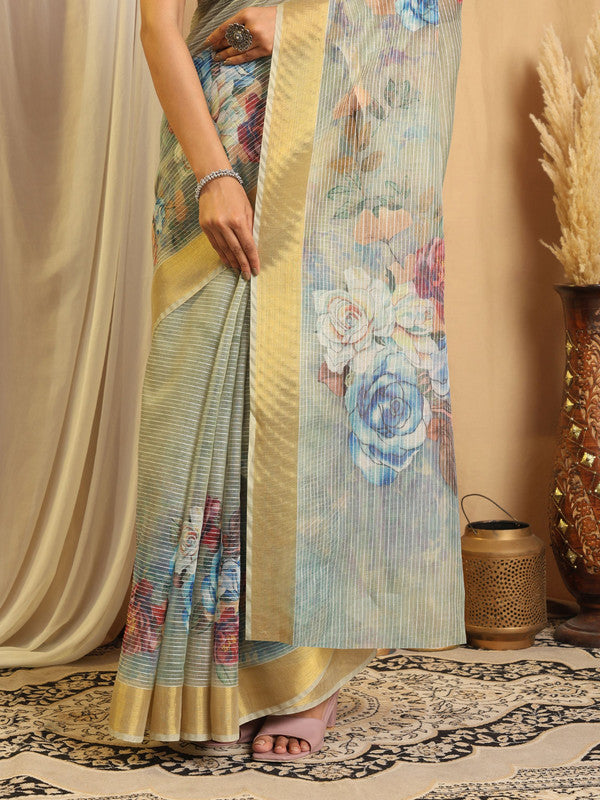Shivam Fabrics Sea Green Chanderi Fabric Printed Saree | Grocsy