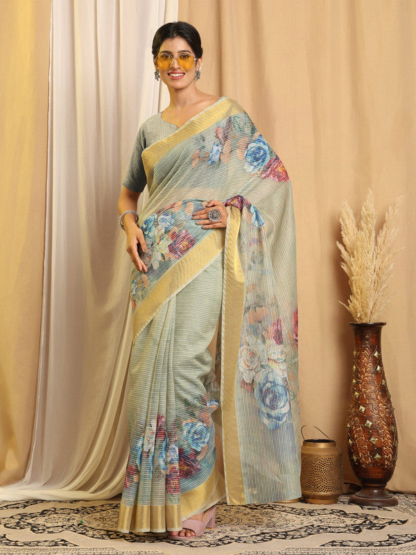 Shivam Fabrics Sea Green Chanderi Fabric Printed Saree | Grocsy