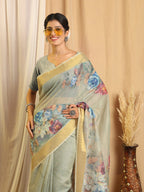 Shivam Fabrics Sea Green Chanderi Fabric Printed Saree | Grocsy