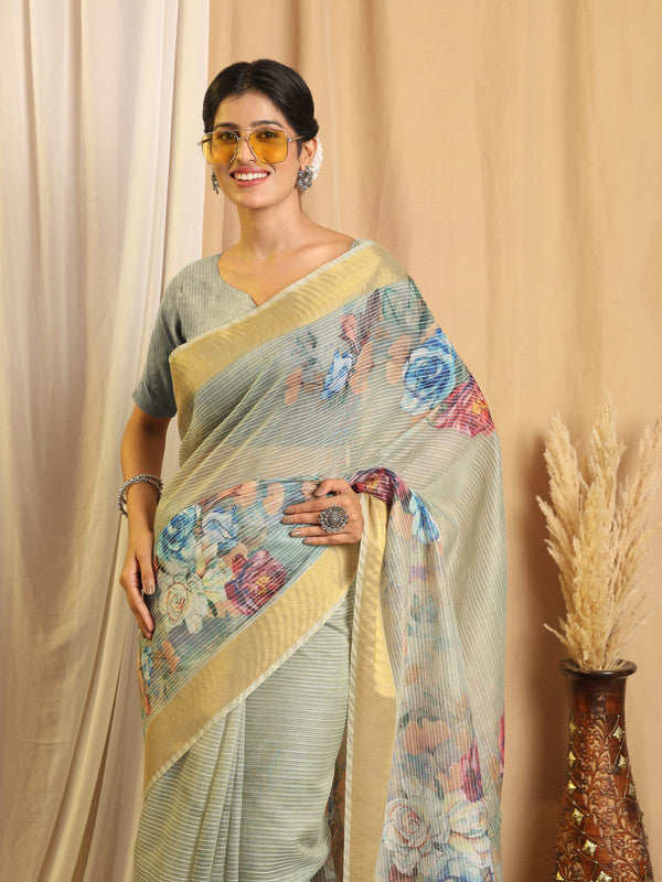 Shivam Fabrics Sea Green Chanderi Fabric Printed Saree | Grocsy