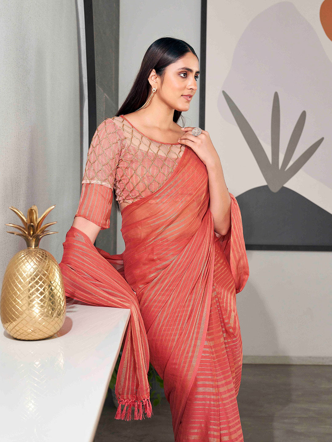 Tikhi Imli Striped Chiffon Ready to Wear Saree | Grocsy