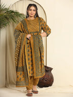 Yufta Mustard Pure Cotton Kantha Work Kurta Dupatta Pant Set With Handwork | Grocsy