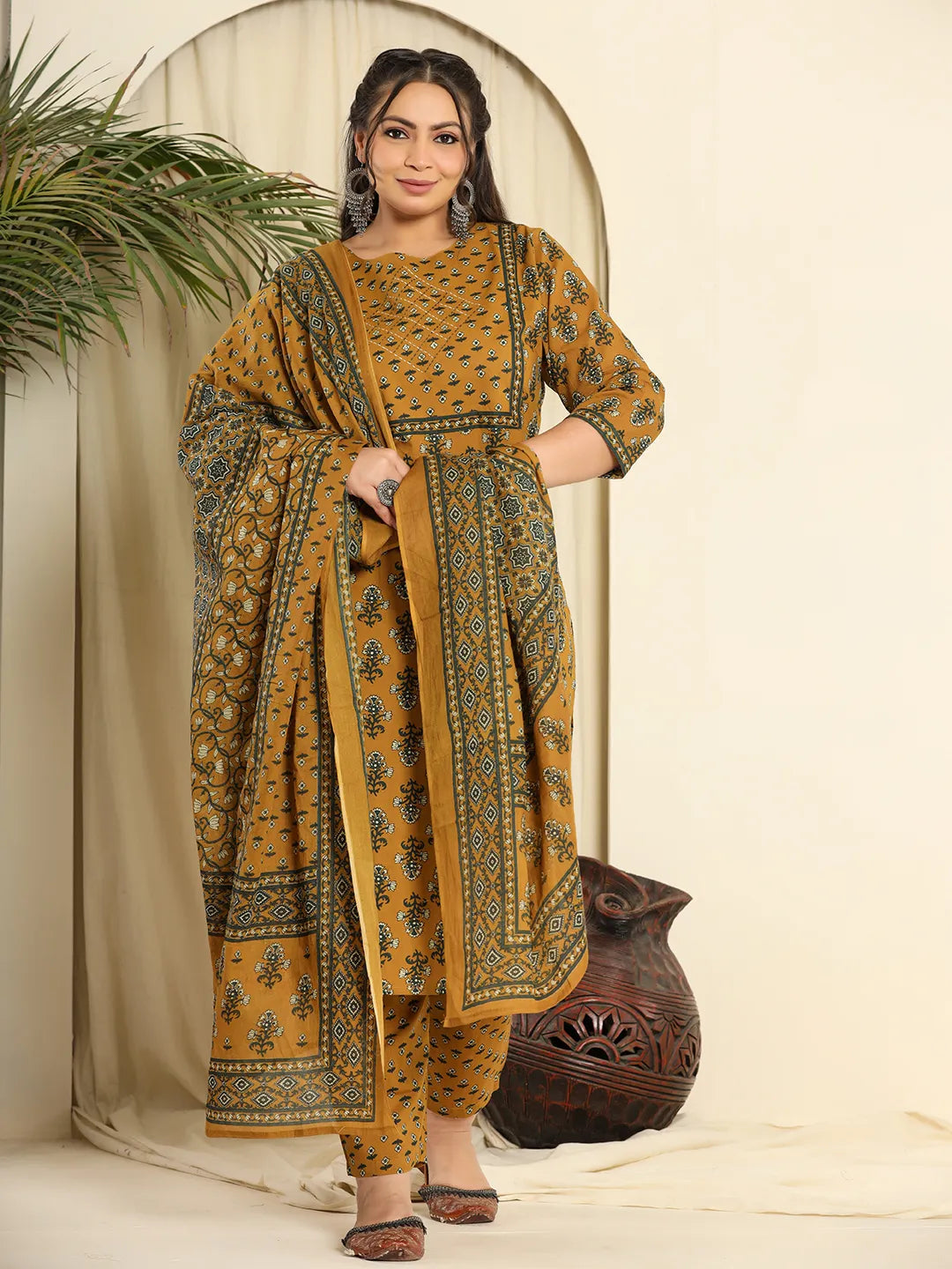 Yufta Mustard Pure Cotton Kantha Work Kurta Dupatta Pant Set With Handwork | Grocsy