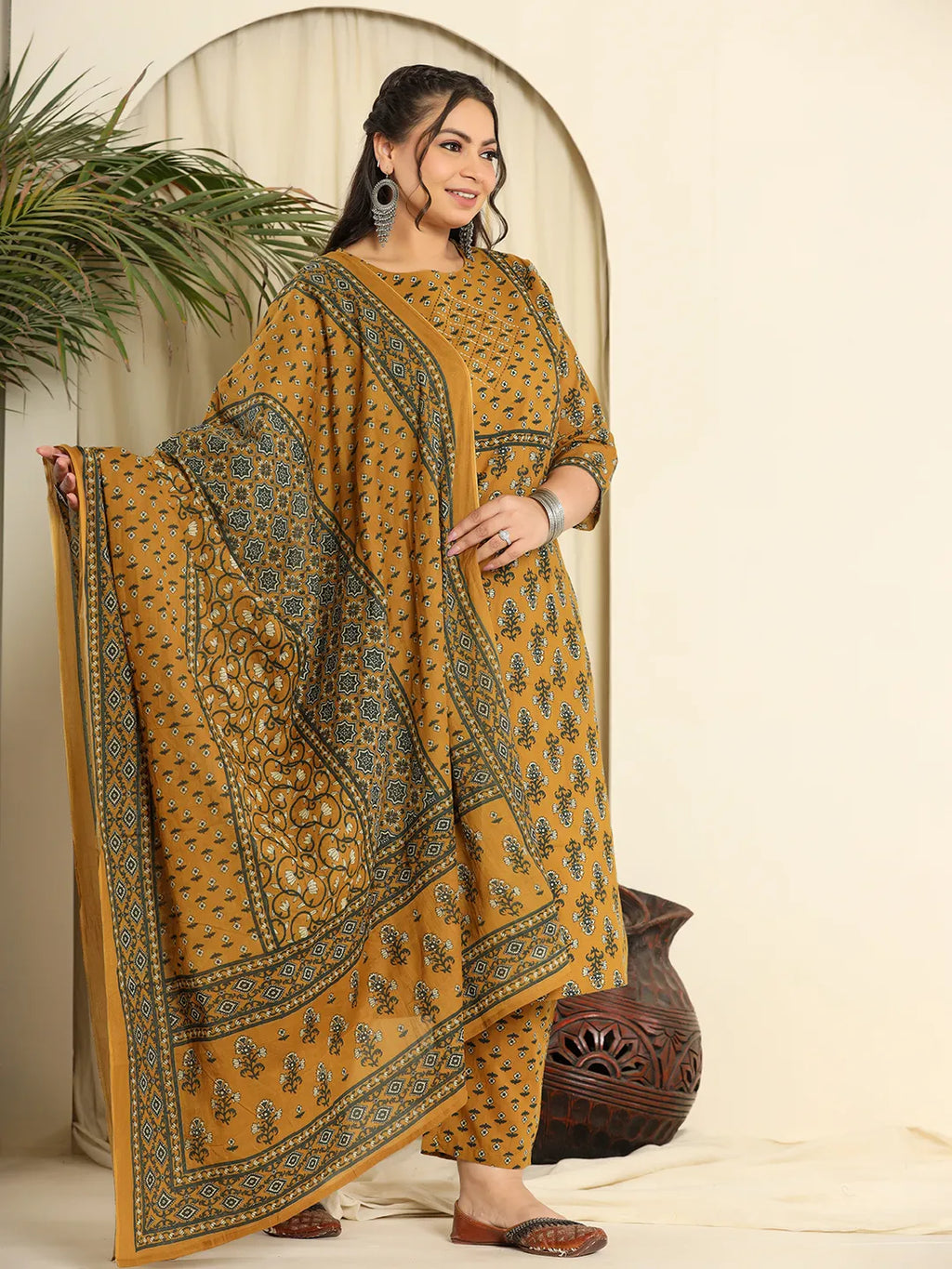 Yufta Mustard Pure Cotton Kantha Work Kurta Dupatta Pant Set With Handwork | Grocsy
