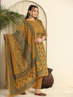 Yufta Mustard Pure Cotton Kantha Work Kurta Dupatta Pant Set With Handwork | Grocsy