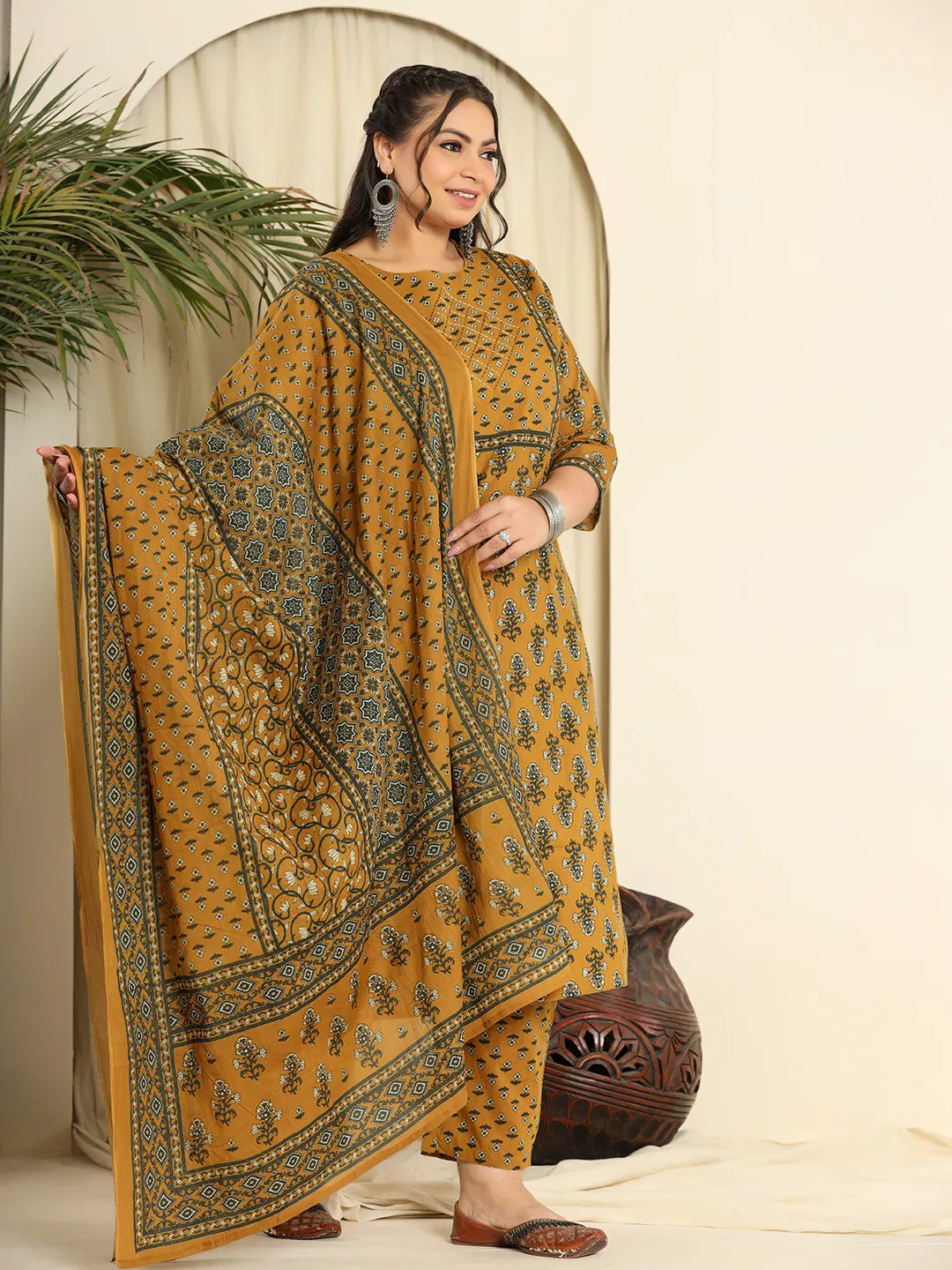 Yufta Mustard Pure Cotton Kantha Work Kurta Dupatta Pant Set With Handwork | Grocsy