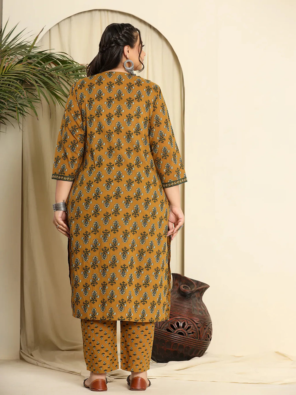 Yufta Mustard Pure Cotton Kantha Work Kurta Dupatta Pant Set With Handwork | Grocsy