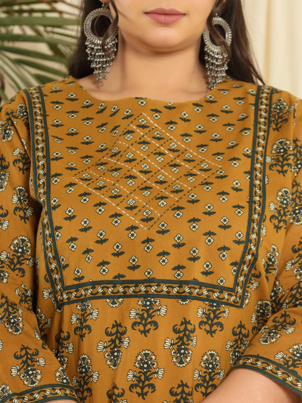 Yufta Mustard Pure Cotton Kantha Work Kurta Dupatta Pant Set With Handwork | Grocsy