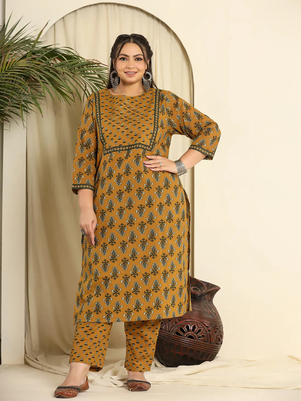 Yufta Mustard Pure Cotton Kantha Work Kurta Dupatta Pant Set With Handwork | Grocsy
