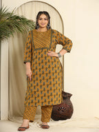 Yufta Mustard Pure Cotton Kantha Work Kurta Dupatta Pant Set With Handwork | Grocsy