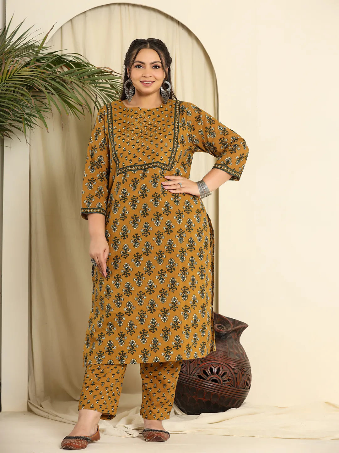 Yufta Mustard Pure Cotton Kantha Work Kurta Dupatta Pant Set With Handwork | Grocsy