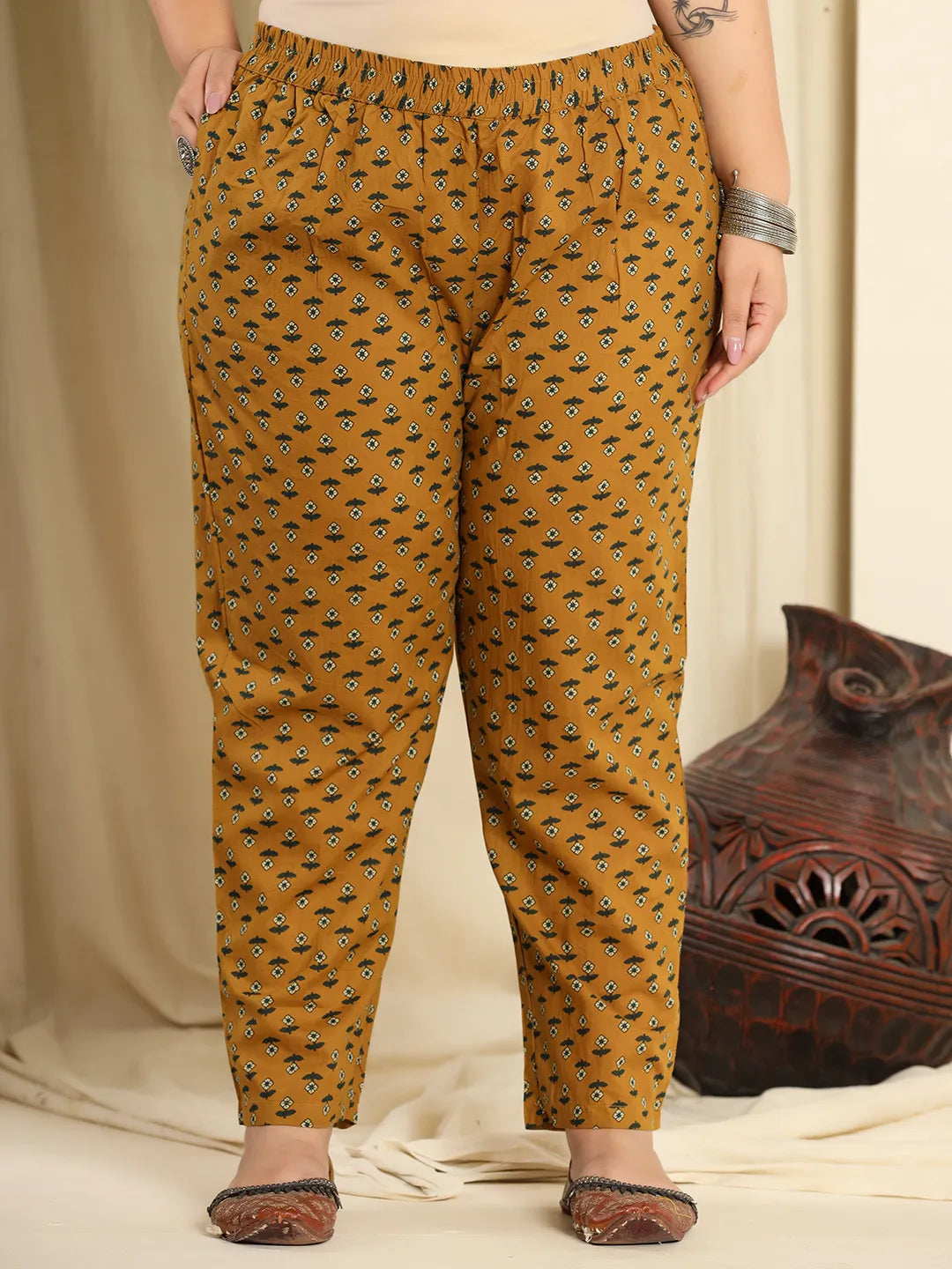 Yufta Mustard Pure Cotton Kantha Work Kurta Dupatta Pant Set With Handwork | Grocsy
