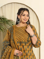 Yufta Mustard Pure Cotton Kantha Work Kurta Dupatta Pant Set With Handwork | Grocsy