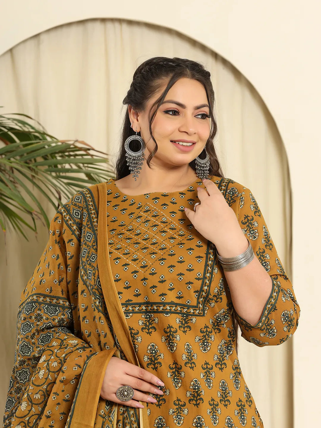 Yufta Mustard Pure Cotton Kantha Work Kurta Dupatta Pant Set With Handwork | Grocsy