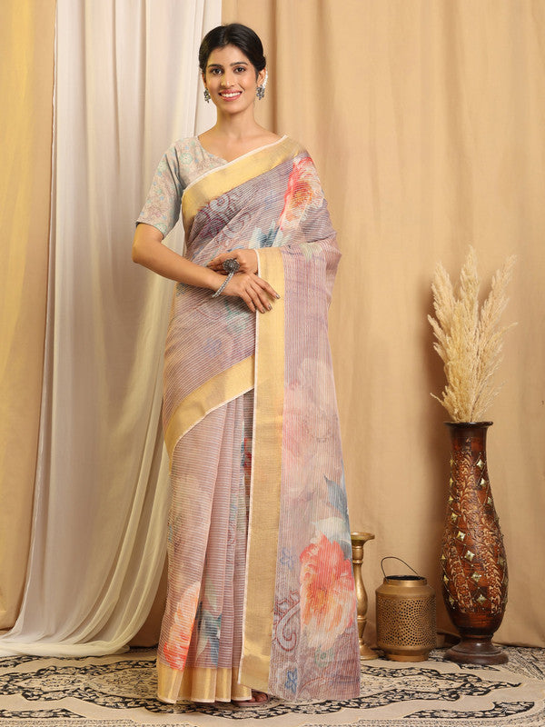 Shivam Fabrics Purple Chanderi Fabric Printed Saree | Grocsy